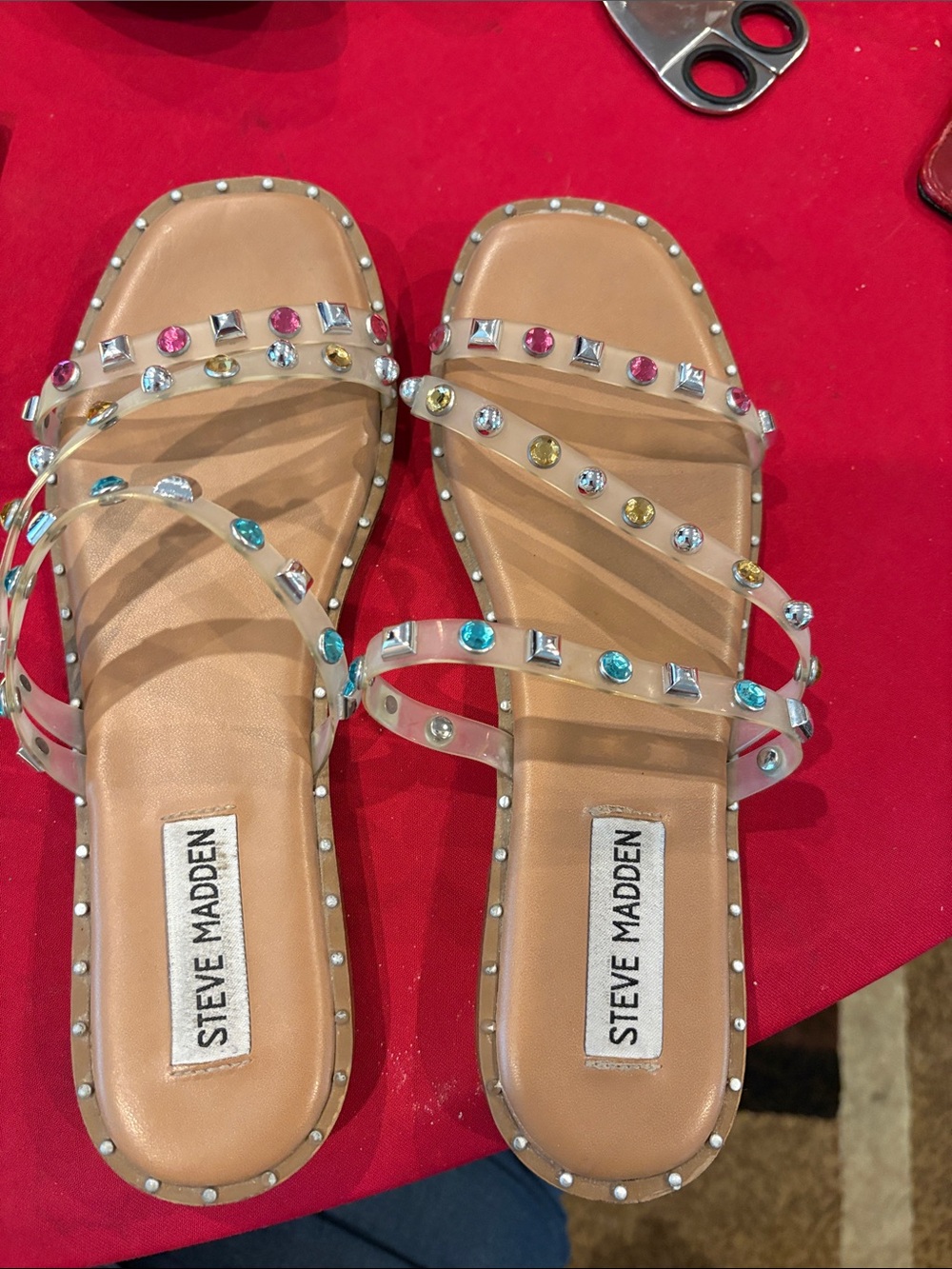 Steve Madden Clear-Strap Slide Sandals with Multicolor Gem Accents